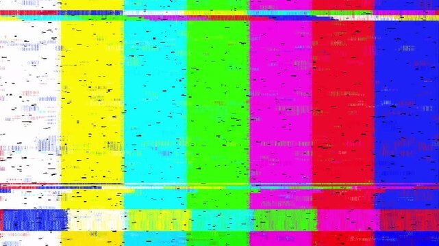 Distorted TV test pattern vivid blue bars displaced strips and noisy artifacts. Useful as a vintage glitch transition for television themes, technical errors, creative intros and bold film sequences.