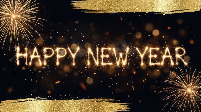 Sparkling 'Happy New Year' text with fireworks during a festive night celebration