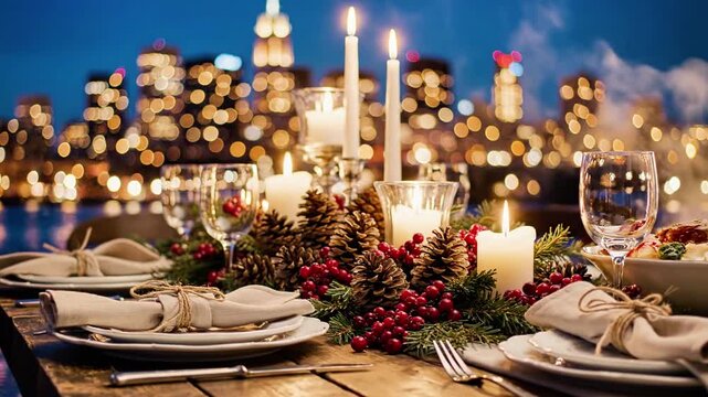 Romantic holiday dinner table set against a city skyline
