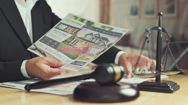 Lawyer holding confidential real estate listing flyer beside wooden auction gavel justice scale during foreclosure legal proceedings indoors.