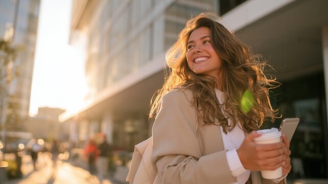Happy young woman smiling walking city street with coffee and phone golden hour sunlight