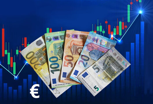 Gr&aacute;fico de inversi&oacute;n en bolsa, mercados financieros y dinero en billetes de euro de inversor en acciones con fondo azul stock market investment chart broker