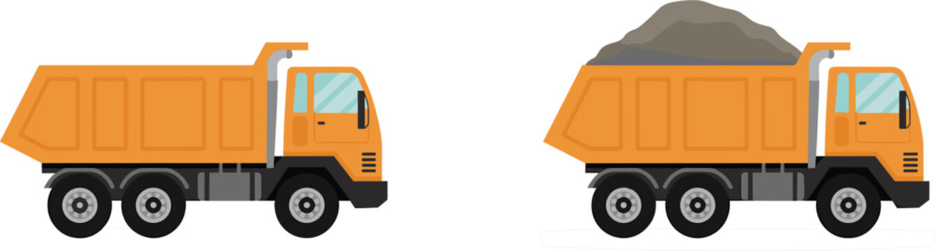 Yellow dump truck vector set, empty and loaded tipper construction vehicle flat illustrations
