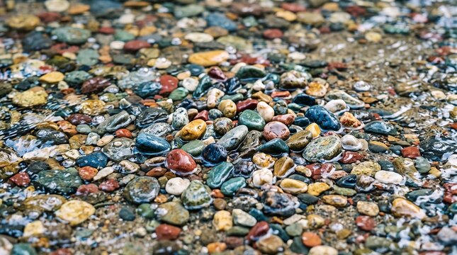 Multicolored wet river pebbles resting in shallow clear flowing water