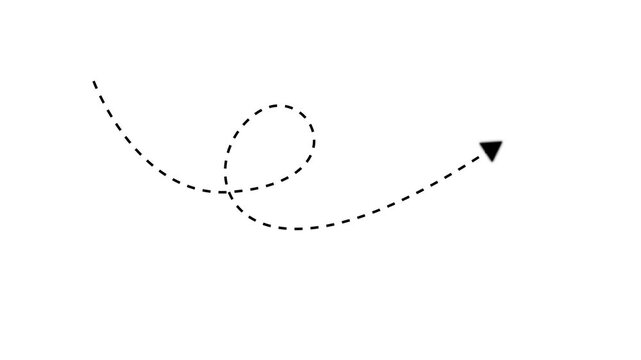 4k long dotted line arrow animation to indicate an object. Arrow animation following wavy dotted line. Target arrow icon on White background with video animation.