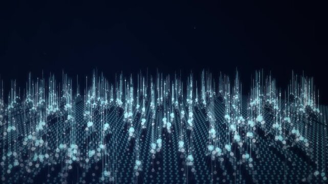 Glowing blue digital matrix particles rising upward across dark cyberspace grid forming futuristic internet communication and data network background texture