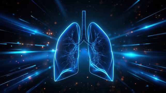 Human lungs glowing blue showing bronchial tree structure illustrating respiratory system health and medical technology