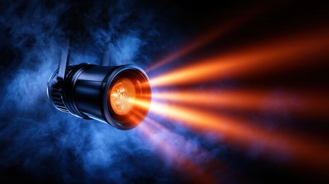 Spotlight projecting bright warm light beams through blue smoke creating a dynamic theatrical stage atmosphere