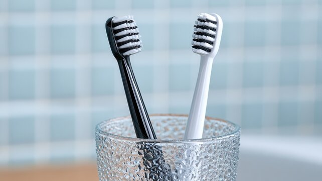 Black and white toothbrushes standing in glass cup symbolizing couple's daily routine and oral hygiene concept