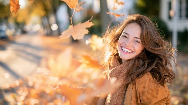 Happy young woman enjoying crisp autumn weather smiling and looking at viewer with falling golden maple leaves