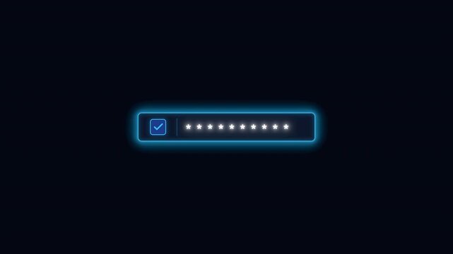 A glowing digital password entry field displaying hidden characters with a checkmark indicating successful user authentication in a dark interface for secure login systems and computer software