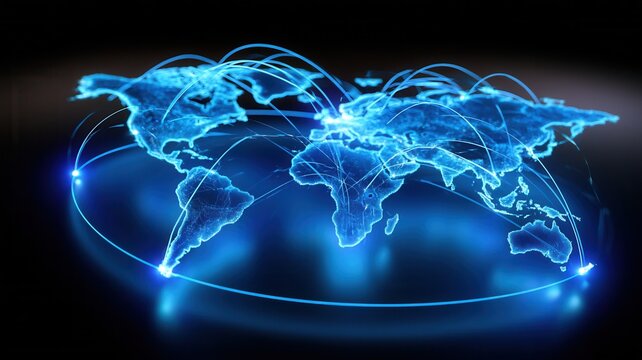World map with glowing blue network lines connecting continents symbolizing global business communication and digital data transfer