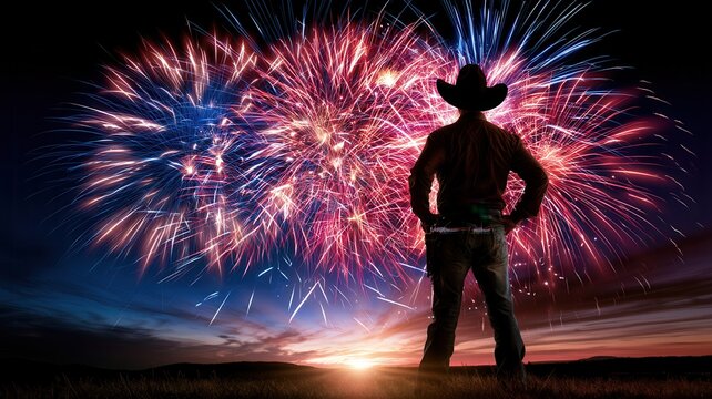 Cowboy man standing with hands on hips enjoying a spectacular fireworks show at sunset celebrating a special event