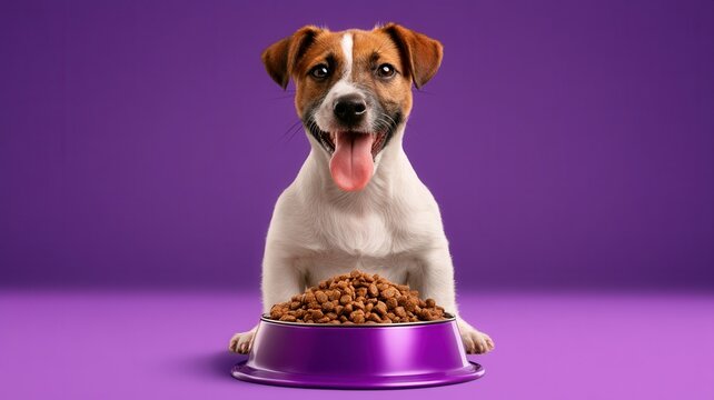 Happy jack russell dog smiling and looking at camera behind a full purple bowl of dry pet food on a vibrant background