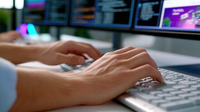 Developer hands typing code on keyboard at workstation working on multiple monitors with programming script