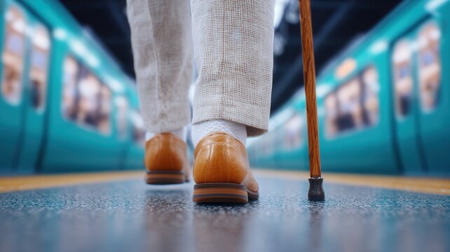 Senior person walking on subway platform with a cane moving towards a train public transport journey