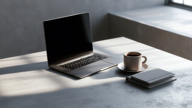 Laptop coffee and notebooks on a concrete desk in a modern home office symbolizing remote work and productivity
