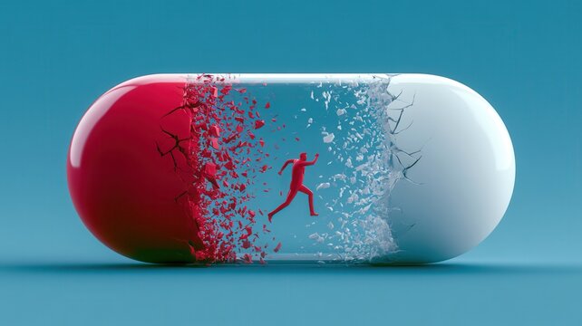 Human figure running from breaking medicine capsule symbolizing escape freedom and overcoming challenges
