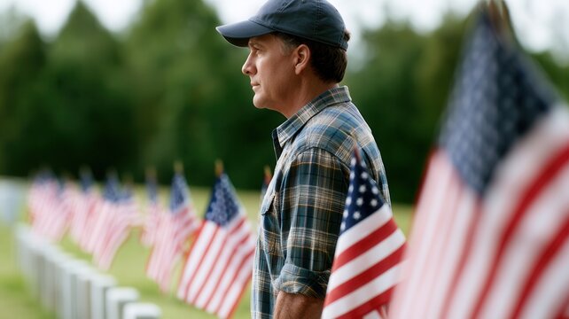 Man standing respectfully at military cemetery during memorial day honoring fallen soldiers with american flags