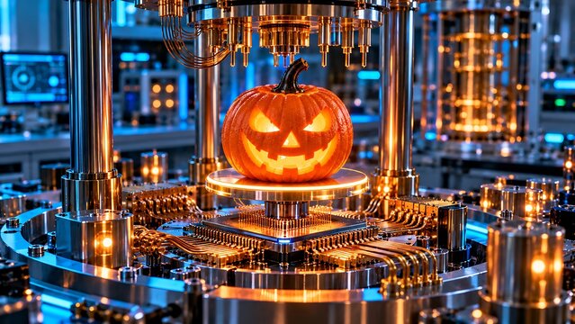 Glowing jackolantern pumpkin inside a high tech cryogenic laboratory