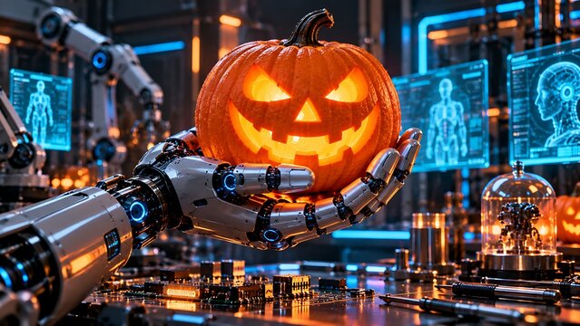 Robotic hand holding a glowing carved pumpkin in futuristic lab