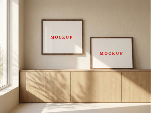 Two horizontal blank frame mockup, ISO a paper size. Living room wall poster mockup. Interior mockup interior background. Modern interior design. 