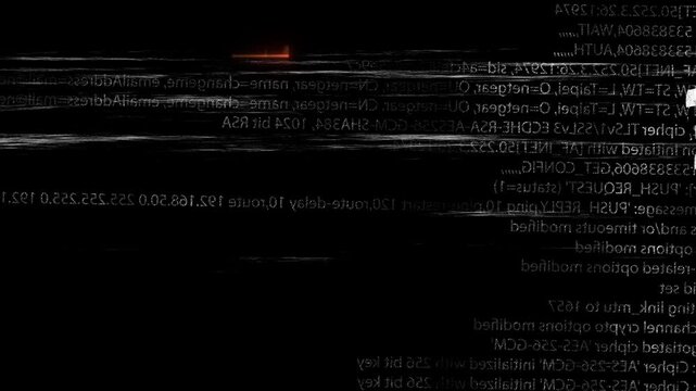 Static streaks interrupt reversed programming text warm rectangles adding glow. retro computer glitch overlay experimental transitions, software themes, cinematic titles distressed video sequences.