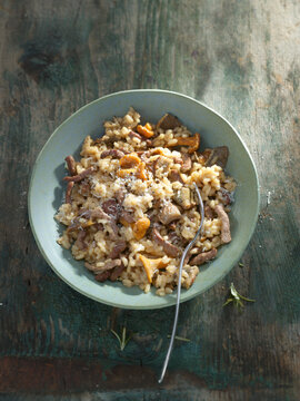 Wild mushroom risotto topped with Parmesan cheese