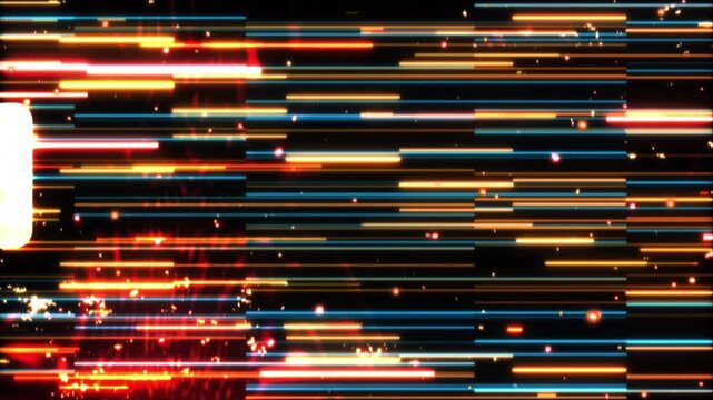 Warm glow horizontal bars streaks, glowing dots fragmented light bands. retro neon glitch overlay bold transitions, gaming intros, music promos, abstract motion expressive cinematic video sequences.