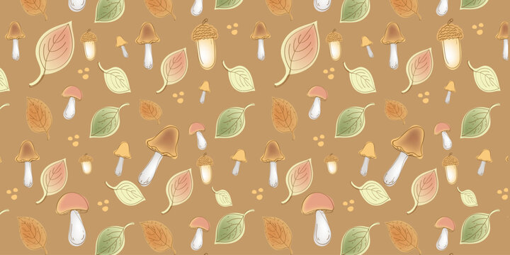 seamless pattern, leaves mushroom autumn doodle drawing fall forest illustration 