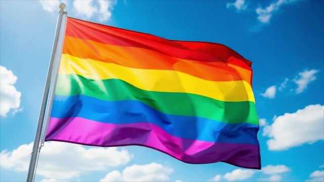 Rainbow Pride flag waving against blue sky. LGBTQ+ pride and visibility. Equality, diversity and inclusion. Pride Month celebration and human rights.