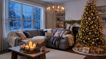 Naklejka premium Decorated Christmas tree beside sofa in cozy living room with snowy winter view. Holiday home interior. Christmas celebration and seasonal decorating. Festive family gathering concept.