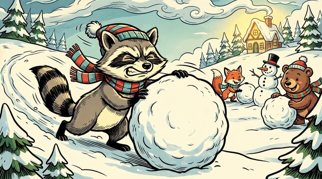 Cute Christmas Characters Building a Snowman, Playful Animals Creating Snowballs in Winter Scene
