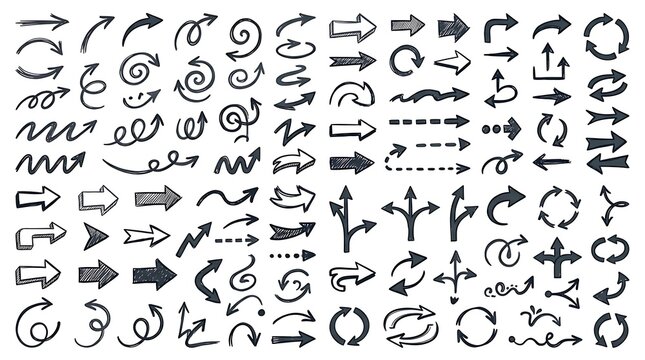 Diverse collection of hand-drawn arrow icons with varying styles and shapes, ideal for visual cues and directional indicators.