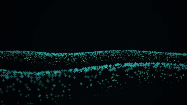 Abstract glowing blue plus symbols moving in wavy digital landscape patterns across dark background environments