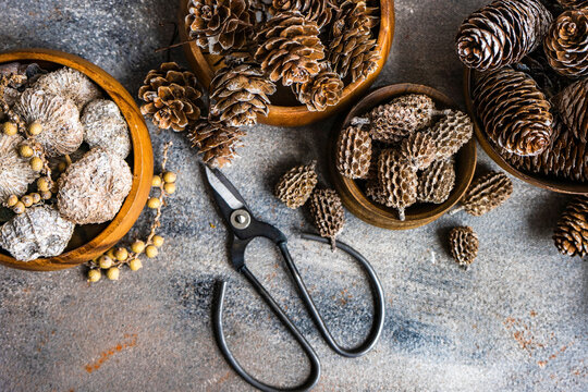 Christmas frame with wooden bowls full of fir and pine cones and nuts