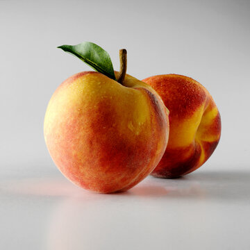 Two ripe yellow peaches with a green leaf on white background