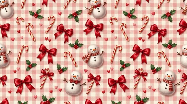 Christmas pattern with snowmen candy canes holly berries and ribbons on gingham