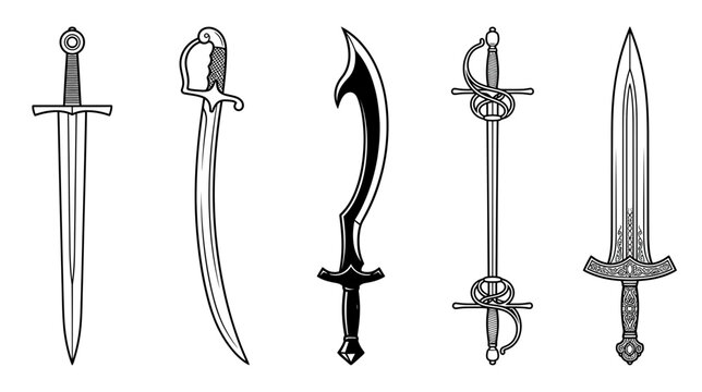 Collection of Five Historic Swords, Black and White Illustration