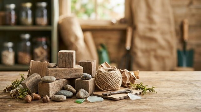 Rustic crafting materials including wood blocks, stones, twine, and a vintage key arranged on a wooden surface in a sunlit workshop