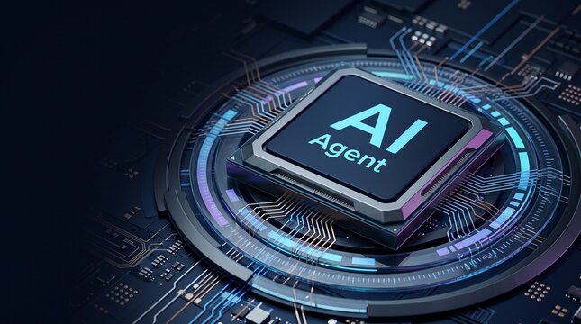 Computer microprocessor chip with AI agent concept text on complex circuit board background artificial intelligence hardware electronic component motherboard