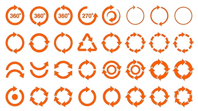 Orange circular arrows and degree icons set for refresh restart loop and rotation concepts.