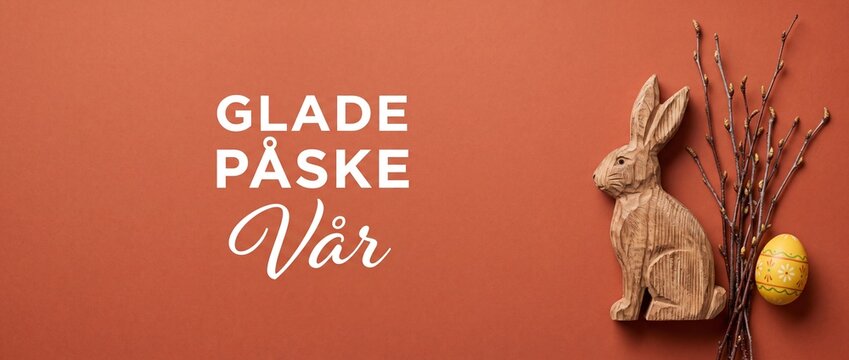 Wooden Easter bunny spring greeting text Glade Paske Var banner on orange background with painted yellow egg and willow twigs, rustic Scandinavian holiday header template with copy space for design