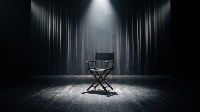 Empty director chair centered on a dark theater stage before closed curtains. Film production and filmmaking concept. Casting, performance and entertainment industry.