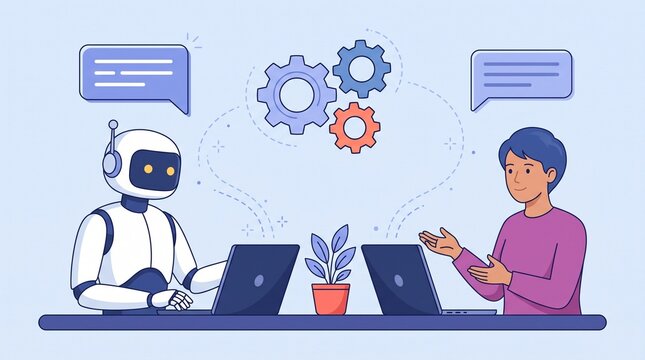 Woman talking to a robot while sitting at a desk with laptops flat design artificial intelligence speech bubble computer communication collaboration technology