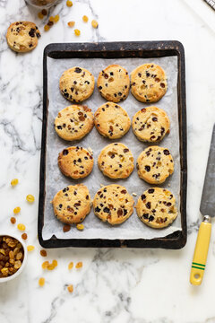 Shortbread biscuits with sultanas on baking tray