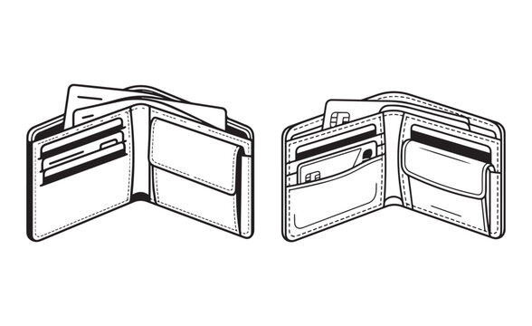 Vintage style illustration of two open wallets with card slots and cash compartments