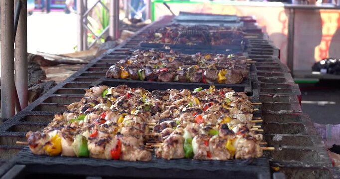 Chicken and steak kabobs roasting on grill at Cheyenne Frontier Days in Wyoming