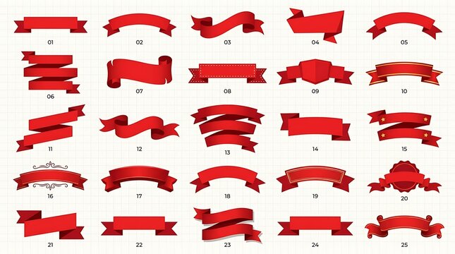 Labeled collection of twenty-five red ribbons and banners, each with unique flat design for graphic use.