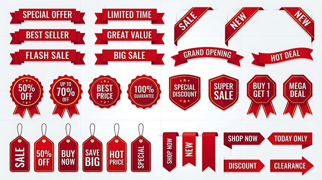 Variety of red sale banners, tags, and corner elements with promotional text for retail advertising and marketing.